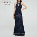 Latest Ladies Party High Quality Fishtail Sequins Maxi Navy Blue Dress